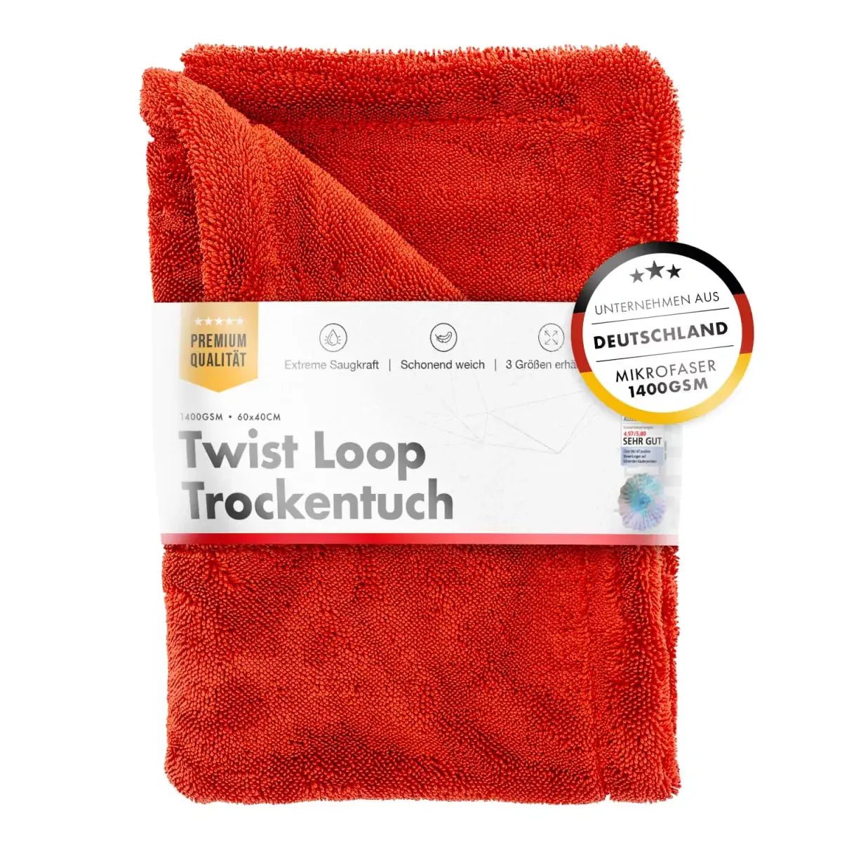 chemicalworkz Shark Twisted Loop Towel Trockentuch 1400GSM 80x50cm – hochsaugfähiges Mikrofasertuch für streifenfreie Fahrzeugtrocknung