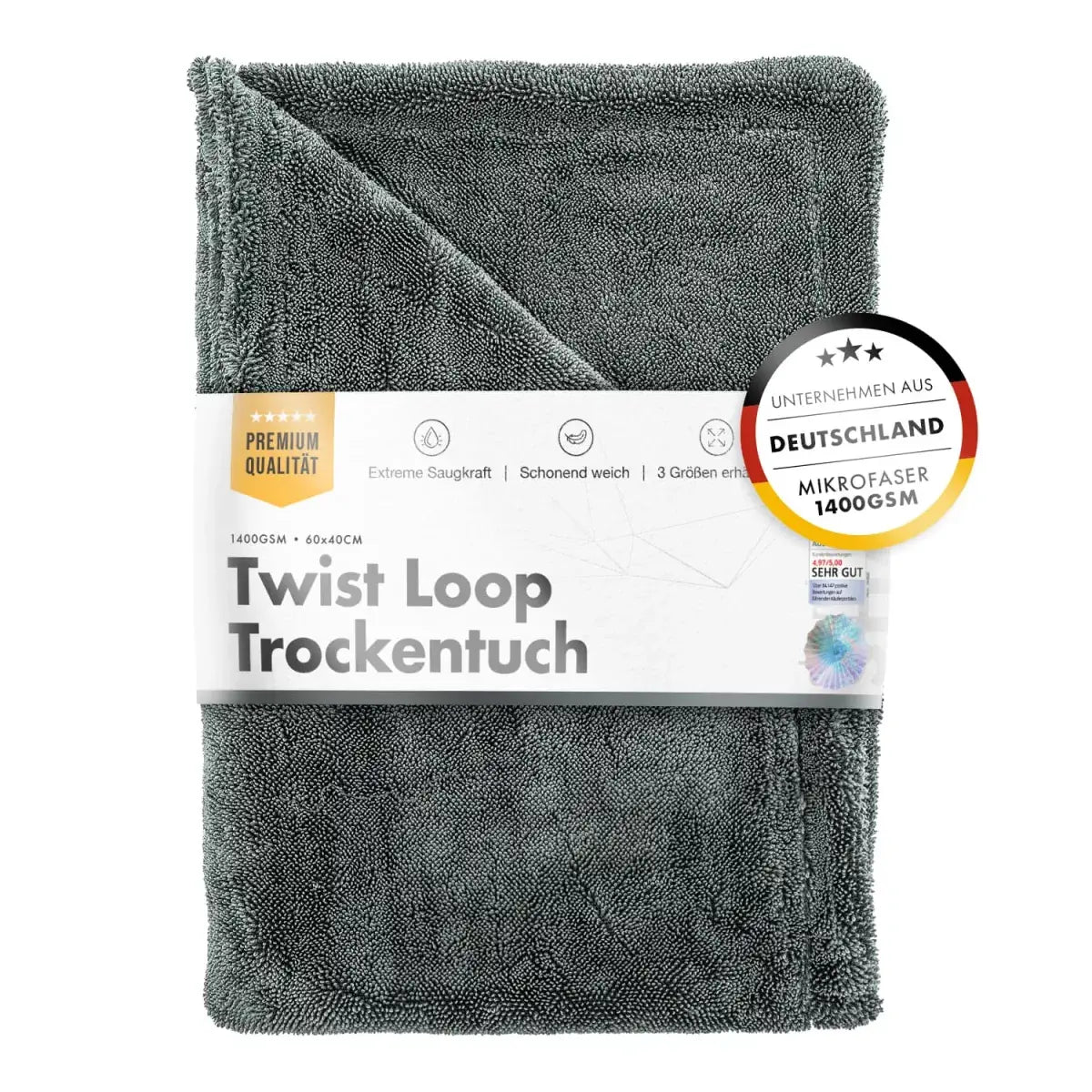 chemicalworkz Shark Twisted Loop Towel Trockentuch 1400GSM 80x50cm – hochsaugfähiges Mikrofasertuch für streifenfreie Fahrzeugtrocknung